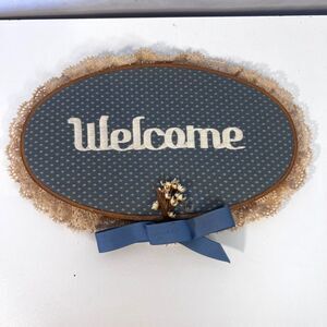 Needlepoint & Lace "Welcome" Sign in Embroidery Hoop Oval Handmade Cottage Core